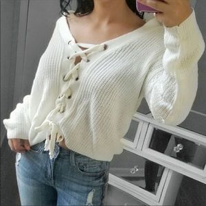 Women's White Lace-Up Sweater